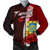 Tuvalu Polynesian Men's Bomber Jacket - Coat Of Arm With Hibiscus Red - Polynesian Pride