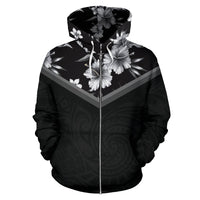 Hawaii Vintage Pattern Zip up Hoodie Black and White Hibiscus - Polynesian Pride