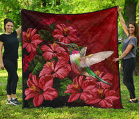 Hawaii Red Hibiscus Humming Bird Premium Quilt Red - Polynesian Pride