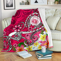 Hawaii Polynesian Premium Blanket - Hawaii Seal With Turtle Plumeria (Pink) White - Polynesian Pride