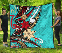 Polynesian Premium Quilt - Tribal Flower With Special Turtles Blue Color - Polynesian Pride
