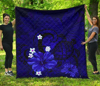 Hawaii Turtle Poly Tribal Blue Premium Quilt Blue - Polynesian Pride