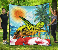 Hawaii Turtle Sea Hibiscus Premium Quilt - Sun Style Blue - Polynesian Pride