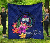 Samoa Polynesian Custom Personalised Premium Quilt - Floral With Seal Blue - Polynesian Pride