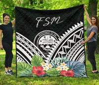 FSM Premium Quilt - FSM Coat of Arms & Polynesian Tropical Flowers White - Polynesian Pride