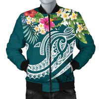 Papua New Guinea Polynesian Men's Bomber Jacket - Summer Plumeria (Turquoise) Turquoise - Polynesian Pride