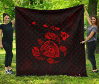 Hawaii Turtle Hibicus Map Premium Quilt - Red Red - Polynesian Pride