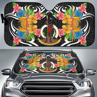 Vanuatu Auto Sun Shades - Coat Of Arms With Tropical Flowers Auto Sun Shade - Vanuatu Universal Fit Black - Polynesian Pride