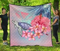 Hawaii Map Kanaka Turtle Galaxy Night Plumeria Hibiscus Premium Quilt Pink - Polynesian Pride