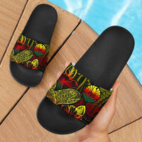 Tahiti Sandals - Turtle Hibiscus Pattern Reggae Black - Polynesian Pride