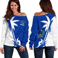 Pohnpei Coconut Tree Off Shoulder Sweater K4 Blue - Polynesian Pride