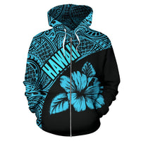Hawaii Zip up Hoodie Hawaii Hibiscus Polynesian Tattoo Blue Version - Polynesian Pride