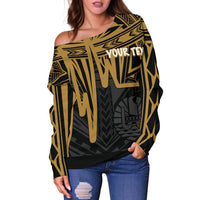 Tahiti Personalised Women's Off Shoulder Sweater - Tahiti Seal In Heartbeat Patterns Style (Gold) - Polynesian Pride