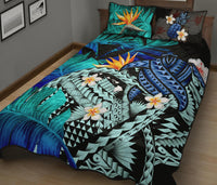 Kanaka Maoli (Hawaiian) Quilt Bed Set, Polynesian Pineapple Banana Leaves Turtle Tattoo Blue - Polynesian Pride