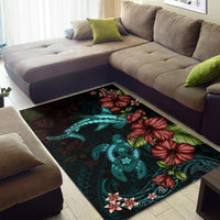 Polynesian Area Rug Turtle And Shark - Hibiscus Turquoise - Polynesian Pride