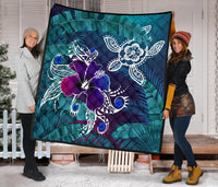 Hawaii Premium Quilt - Hawaii Turtle Flowers And Palms Retro - Polynesian Pride