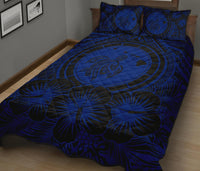 Hawaiian Map Honu Hibiscus Blue Polynesian Quilt Bed Set - Polynesian Pride