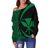 Kanaka Hawaii Map Green Polynesian Off Shoulder Sweater - Circle Style - Polynesian Pride