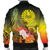 Tahiti Custom Personalised Men's Bomber Jacket - Humpback Whale with Tropical Flowers (Yellow) - Polynesian Pride
