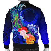 Cook Islands Men's Bomber Jacket - Humpback Whale with Tropical Flowers (Blue) - Polynesian Pride