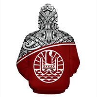 French Polynesia All Over Custom Zip up Hoodie Red Curve - Polynesian Pride