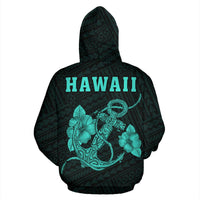 Polynesian Kakau Anchor Hibiscus Hawaii Hoodie Turquoise - Polynesian Pride