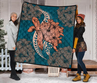 Hawaii Polynesian Turtle Hibiscus Premium Quilt - Orange - Polynesian Pride