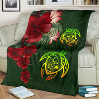 Hawaii Premium Blanket - Turtle Hibiscus Pattern Hawaiian Premium Blanket - Green White - Polynesian Pride