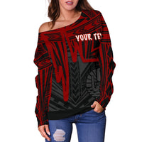 Tahiti Personalised Women's Off Shoulder Sweater - Tahiti Seal In Heartbeat Patterns Style (Red) - Polynesian Pride