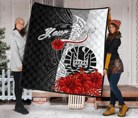 Tahiti Polynesian Custom Personalised Premium Quilt - Coat Of Arm With Hibiscus White - Polynesian Pride