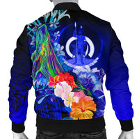 Vanuatu Custom Personalised Men's Bomber Jacket - Humpback Whale with Tropical Flowers (Blue) - Polynesian Pride