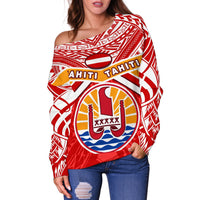 Tahiti Rugby Off Shoulder Sweater Polynesian Coat Of Arms and Flag - Polynesian Pride