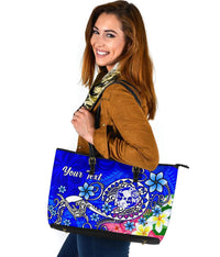 Tonga Custom Personalised Large Leather Bag - Turtle Plumeria (Blue) - Polynesian Pride