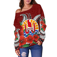 Tahiti Polynesian Off Shoulder Sweater - Hibiscus Coat of Arm Red - Polynesian Pride