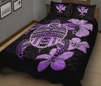 Hawaiian Kanaka Hibiscus Plumeria Mix Polynesian Turtle Quilt Bed Set Violet AH - Polynesian Pride