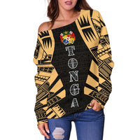Tonga Women's Off Shoulder Sweater - Polynesian Tattoo Gold - Polynesian Pride