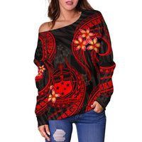 Samoa Polynesian Off Shoulder Sweater - Red Plumeria - Polynesian Pride