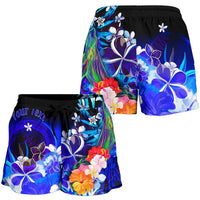 CNMI Custom Personalised Women's Shorts - Humpback Whale with Tropical Flowers (Blue) - Polynesian Pride