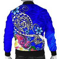 Polynesian Men's Bomber Jacket - Turtle Plumeria Blue Color - Polynesian Pride