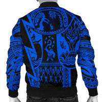 Polynesian Guinea Men's Bomber Jacket - Moana Maui Tattoo With Coat Of Arm Guinea Blue - Polynesian Pride