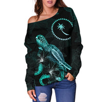 Chuuk Polynesian Women's Off Shoulder Sweater - Turtle With Blooming Hibiscus Turquoise - Polynesian Pride