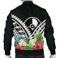 Yap Men's Bomber Jacket - Yap Coat of Arms & Polynesian Tropical Flowers White - Polynesian Pride