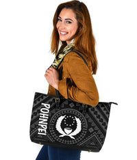 Pohnpei Leather Tote Bag - Pohnpei Seal With Polynesian Tattoo Style ( Black) - Polynesian Pride