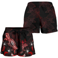 New Caledonia Polynesian Women's Shorts - Turtle With Blooming Hibiscus Red - Polynesian Pride