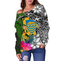 Tuvalu Off Shoulder Sweater - Turtle Plumeria Banana Leaf - Polynesian Pride