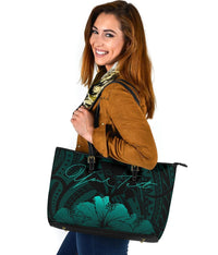Personalised - Hawaii Royal Hibiscus Polynesian Tribal Large Leather Tote Bag Turquoise AH - Polynesian Pride