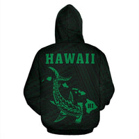 Polynesian Kakau Hammerhead Shark Map of Hawaii Zip Hoodie Green - Polynesian Pride
