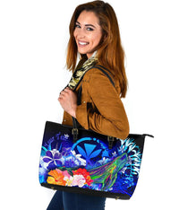 Polynesian Hawaii Custom Personalised Large Leather Tote Bag - Kanaka Maoli Humpback Whale with Tropical Flowers (Blue) - Polynesian Pride