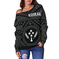 Kosrae Women's Off Shoulder Sweater - Kosrae Flag In Polynesian Tattoo Style (Black) - Polynesian Pride