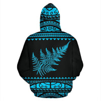 New Zealand Maori Hoodie, Aotearoa Silver Fern Pullover Hoodie Blue - Polynesian Pride